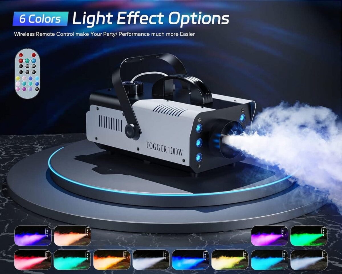 Fog Machine 1200W and 6000CFM Smoke Machine with Wireless Remote Control and 6 Colorful LED