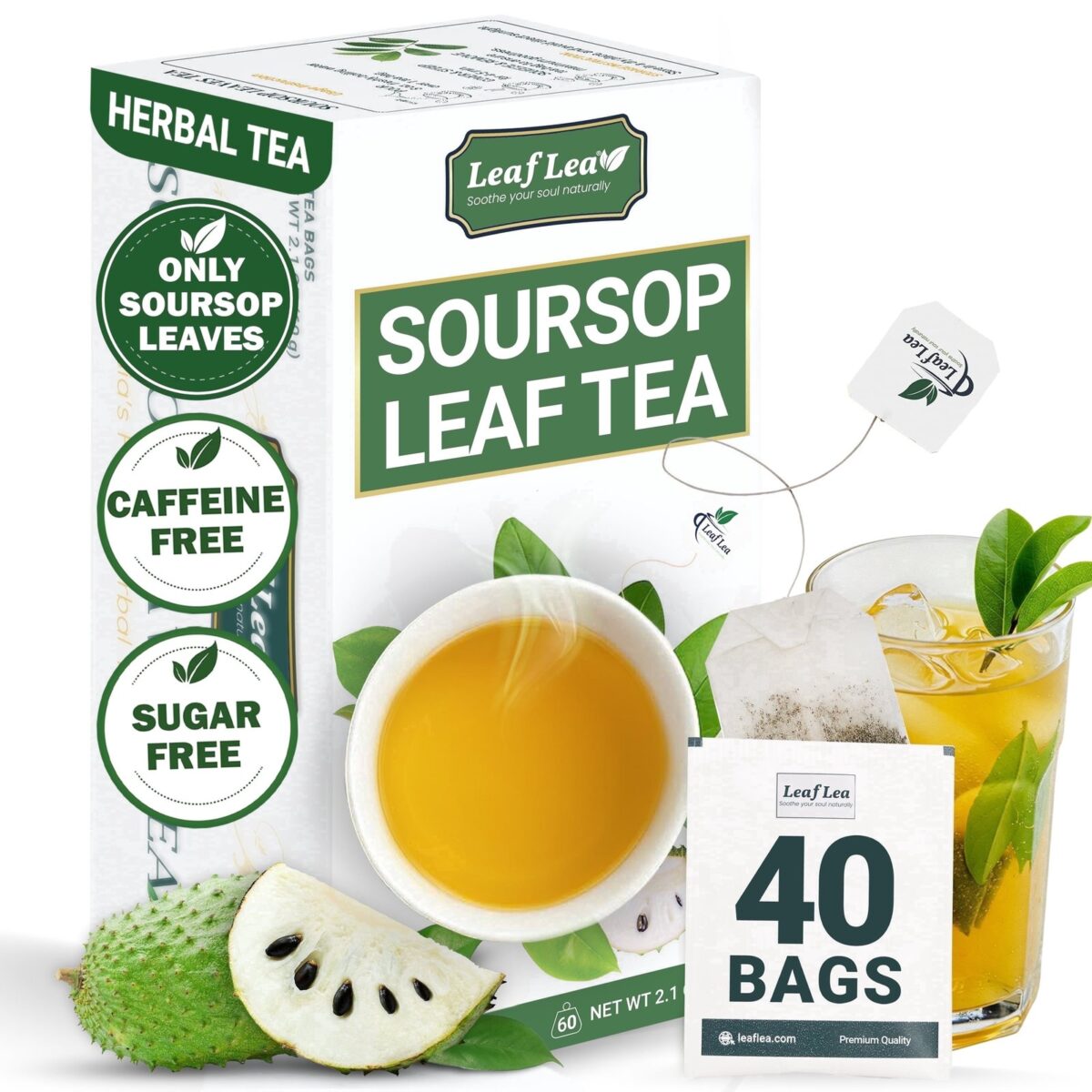 LeafLea 40 Premium Soursop Leaf Tea Bags, Natural Sour Sop Leaves