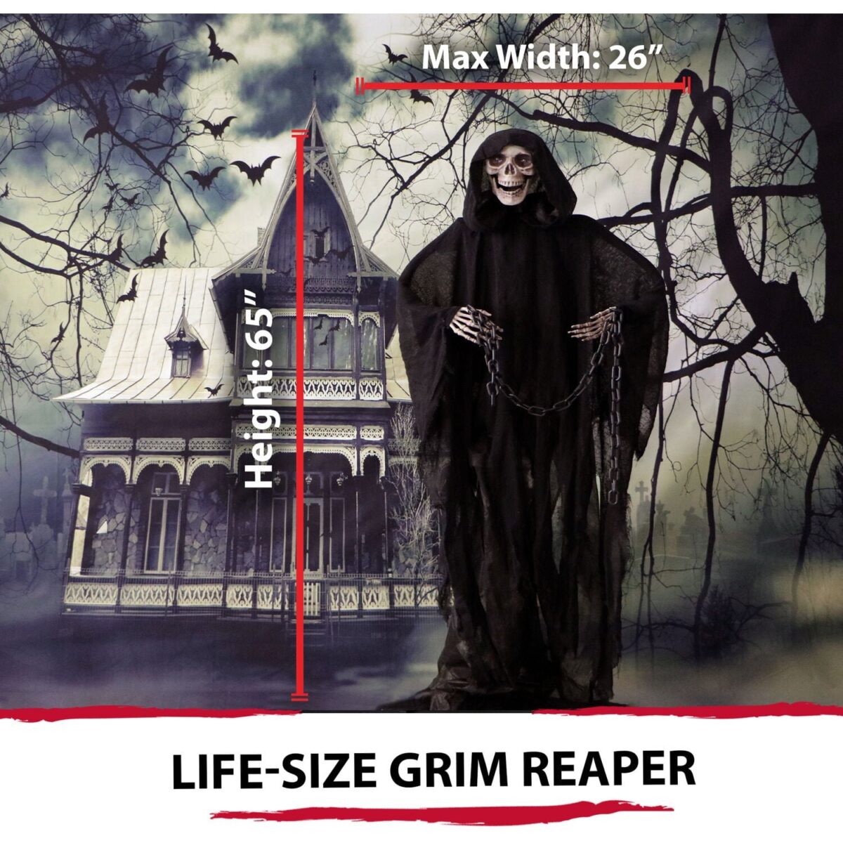 Haunted Hill Farm 5 ft Life-Size Animated Grim Reaper Prop w/ Chain and Rotating Head for