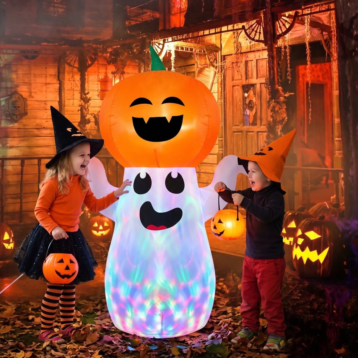 GVDV 5Ft Halloween Inflatables Pumpkin Ghost Decorations with 360 Rotating Colorful LED Lights