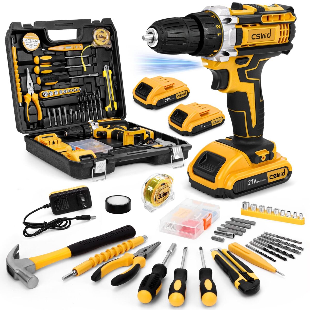 Cshidworld Tool Set with 21V Cordless Drill, Drill Set with 2 Batteries and Charger