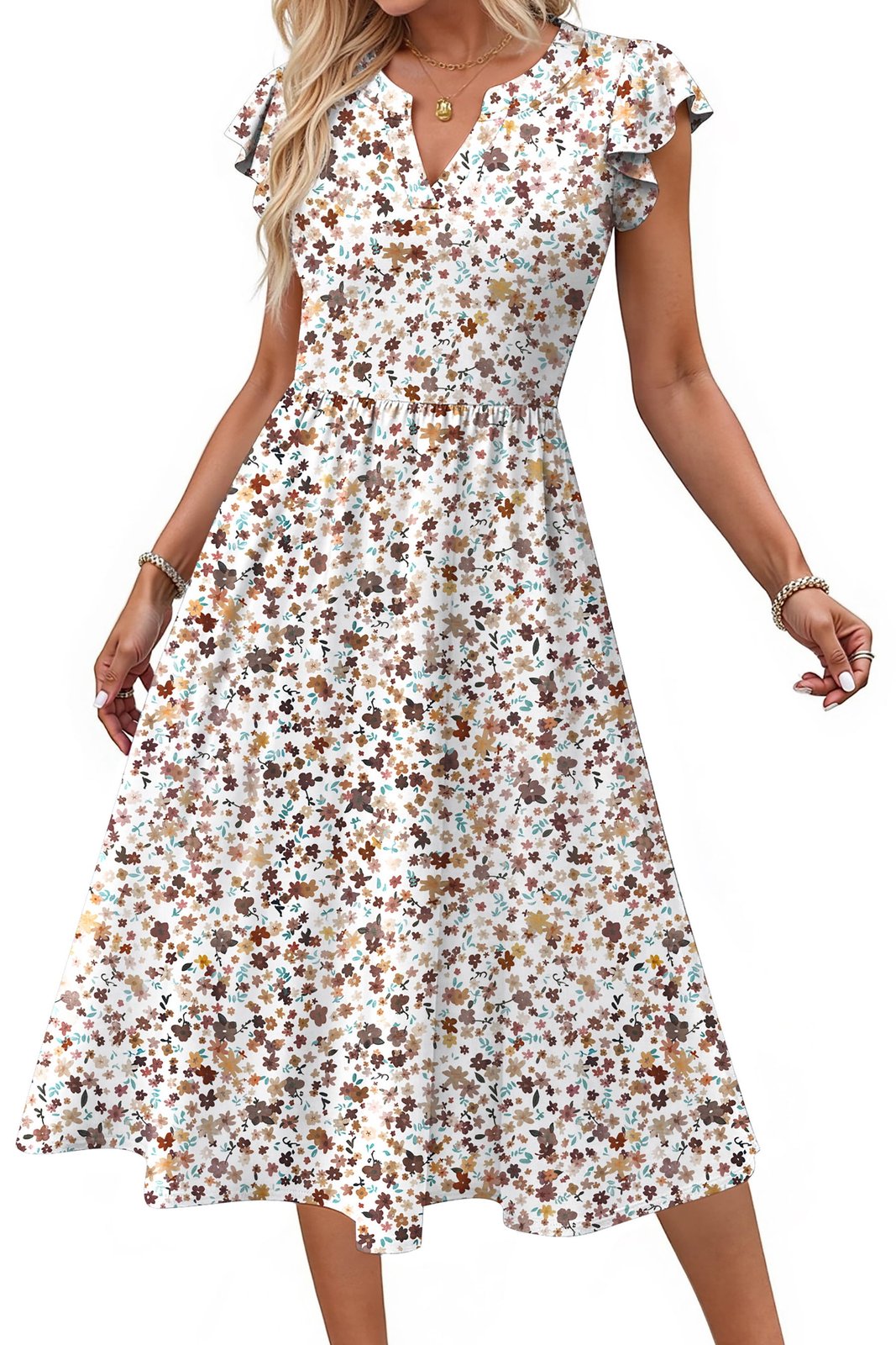 Fantaslook Summer Dresses for Women Ruffle Sleeve V Neck Midi Dresses Fashion Casual Flowy