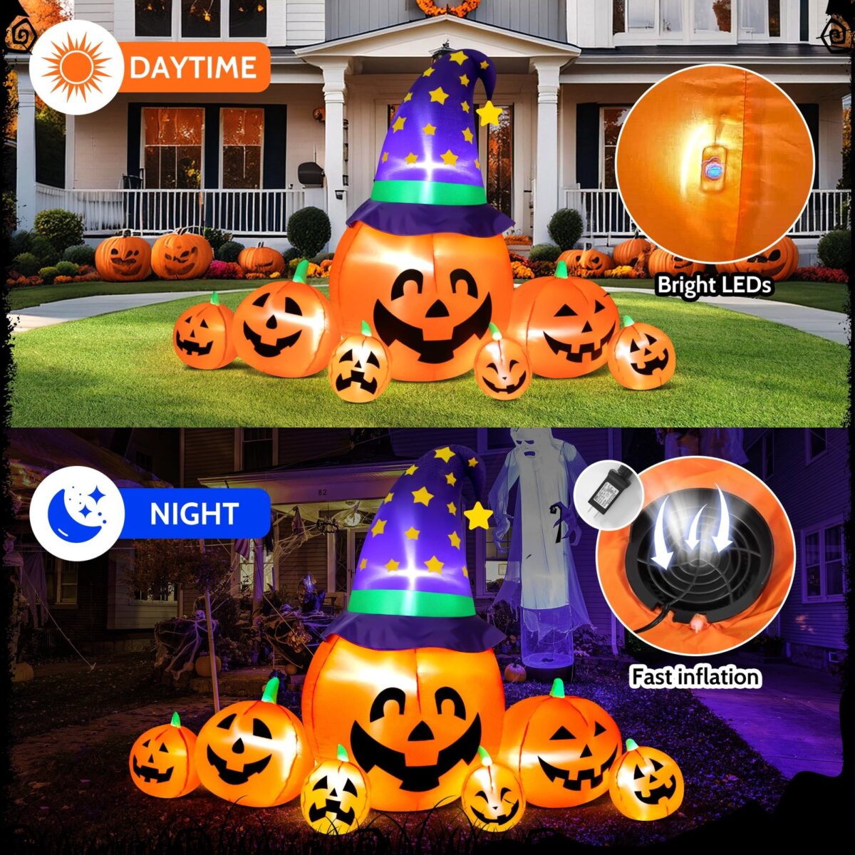Yexmas 8.7ft Halloween Inflatables Pumpkins 7 Blow Up Decor with Witches Hat