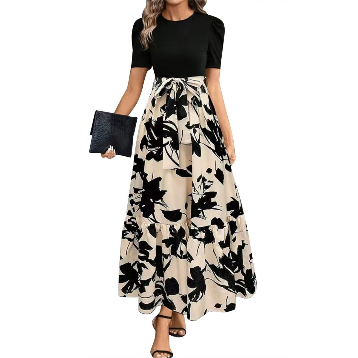 HAJWOH Dresses for Church Women 2025 Elegant Puff Sleeve Spring Dresses with Belt Flowy Long