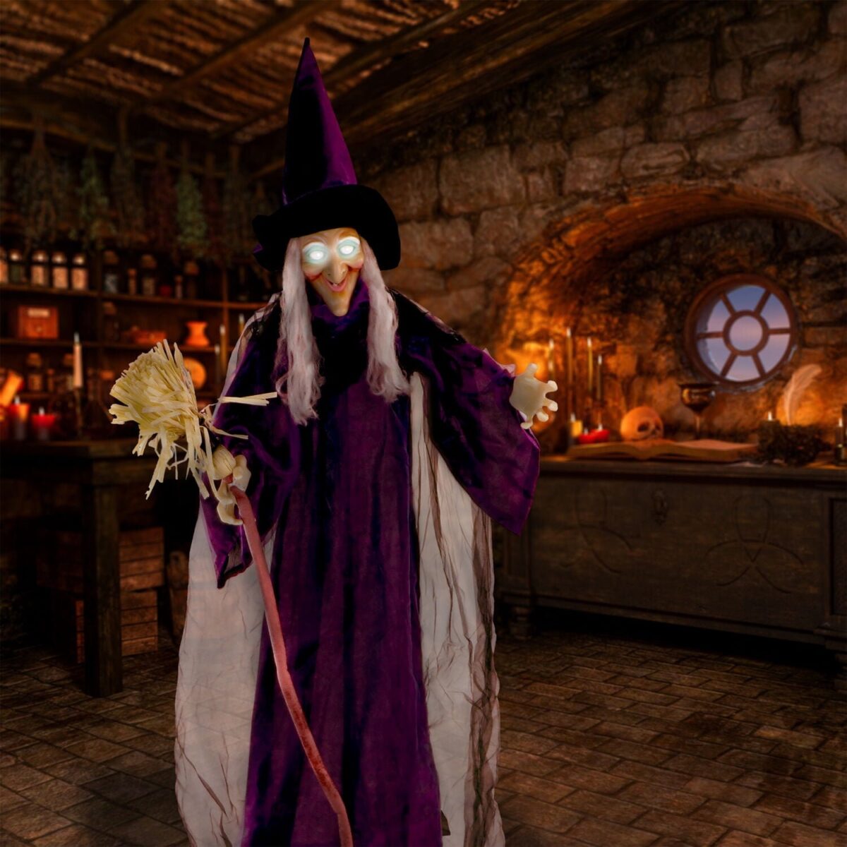 Haunted Hill Farm Life-Size Animated Talking Witch w/ Broomstick, 6 ft Halloween Decoration