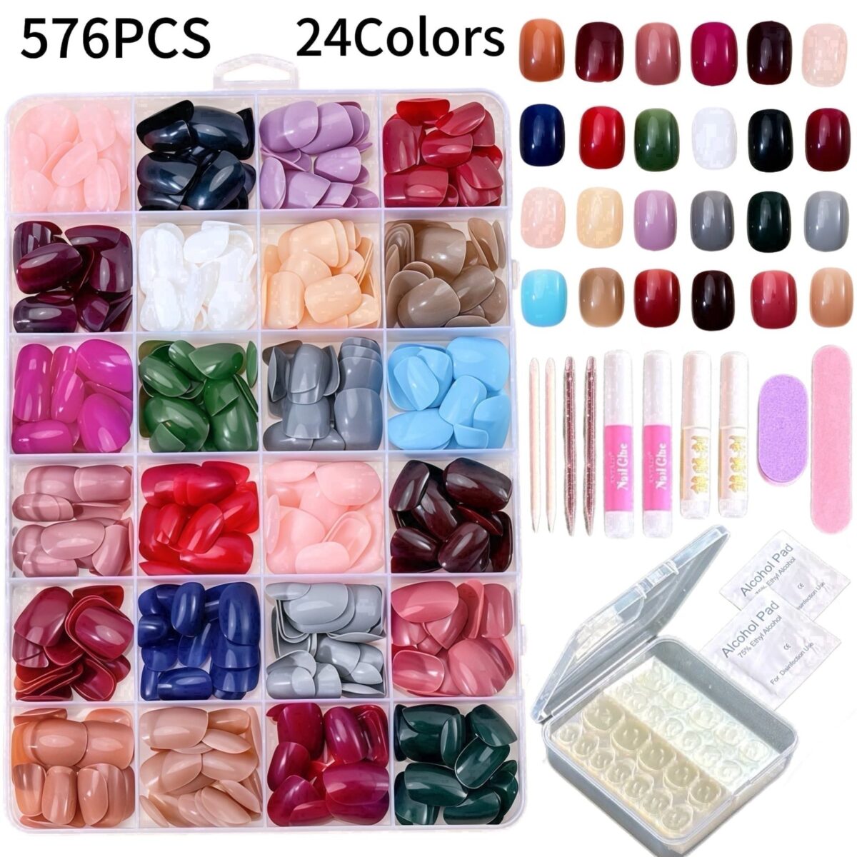 Reusable Press on Nails Kit, 24 Colors 576PCS False Nails Short Square