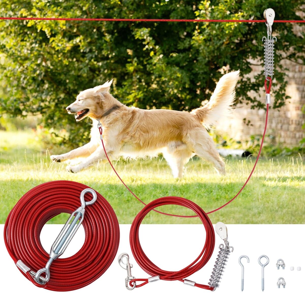 Dog Tie Out Runner for Yard, Dog Trolley System 75FT Dog Lead with 10FT Dog Runner Line