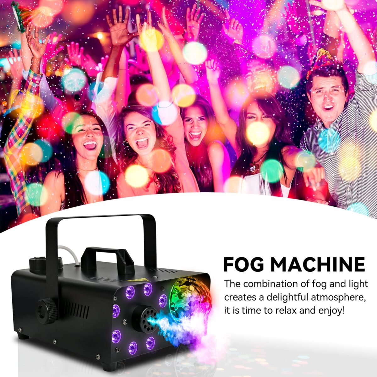 Yexmas 600W Fog Machine with Disco Ball & 8 RGB LED Lights 2000CFM and Remote Control for