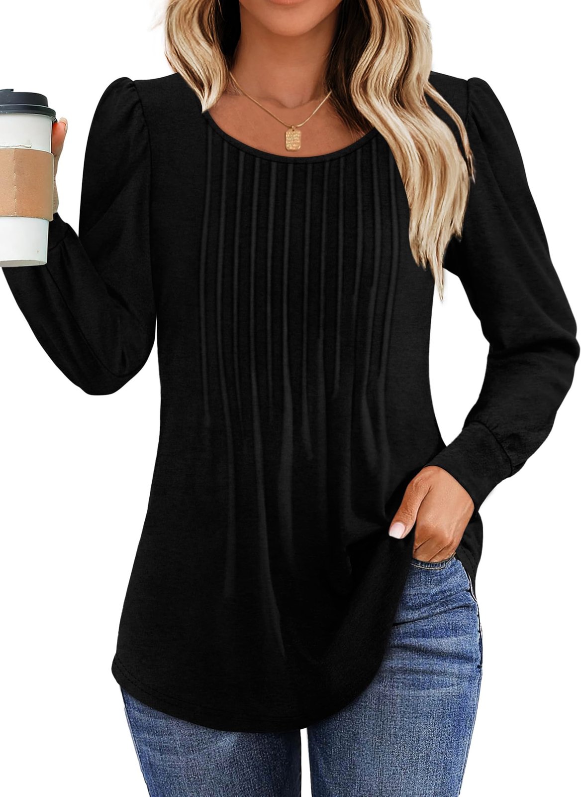 Fantaslook Pleated Blouses for Women Dressy Casual Long Sleeve Shirts Fall Tunic Tops