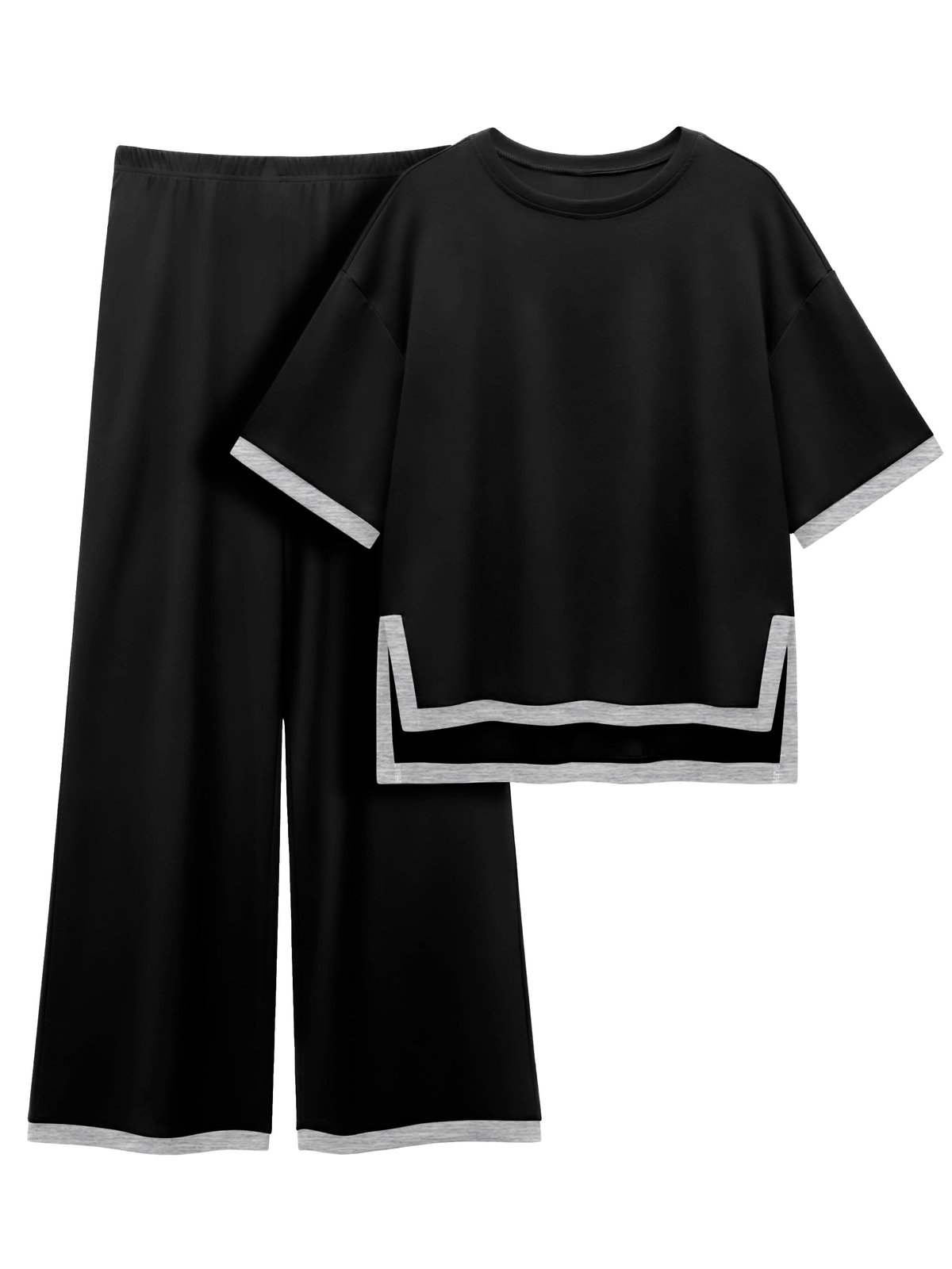 MINTREUS Women's Cotton 2-Piece Loungewear Short-Sleeve Round-Neck Pullover Top Wide-Leg Pants