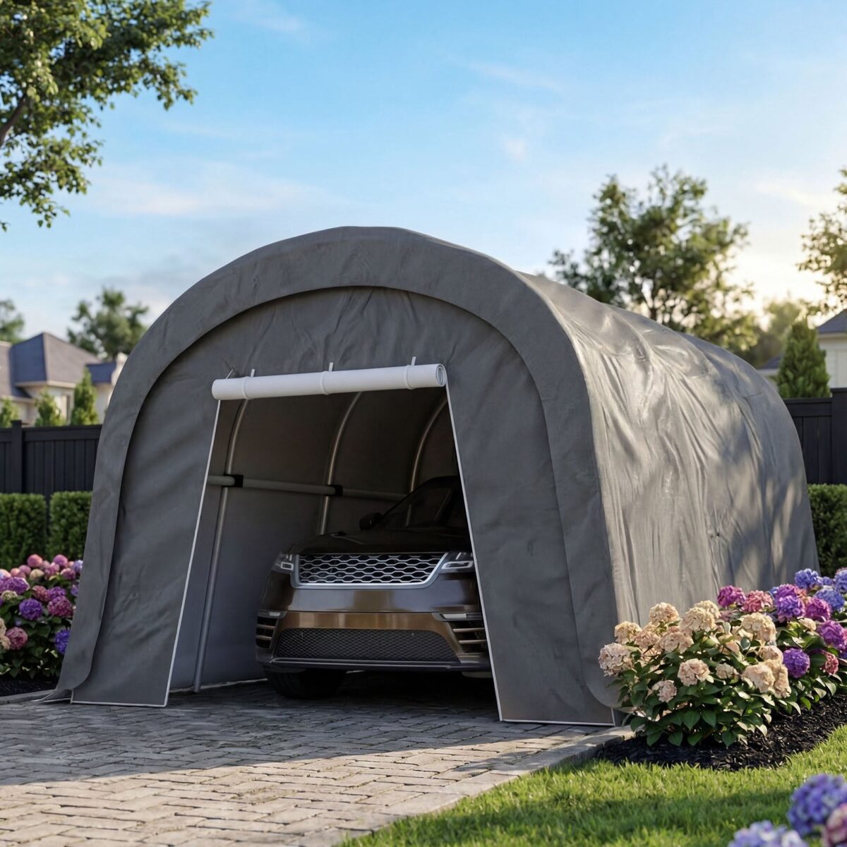 FOROUTIA 13x20x9ft Heavy-Duty Round Roof Carport, Dark Gray PE Fabric Portable Garage Shelter