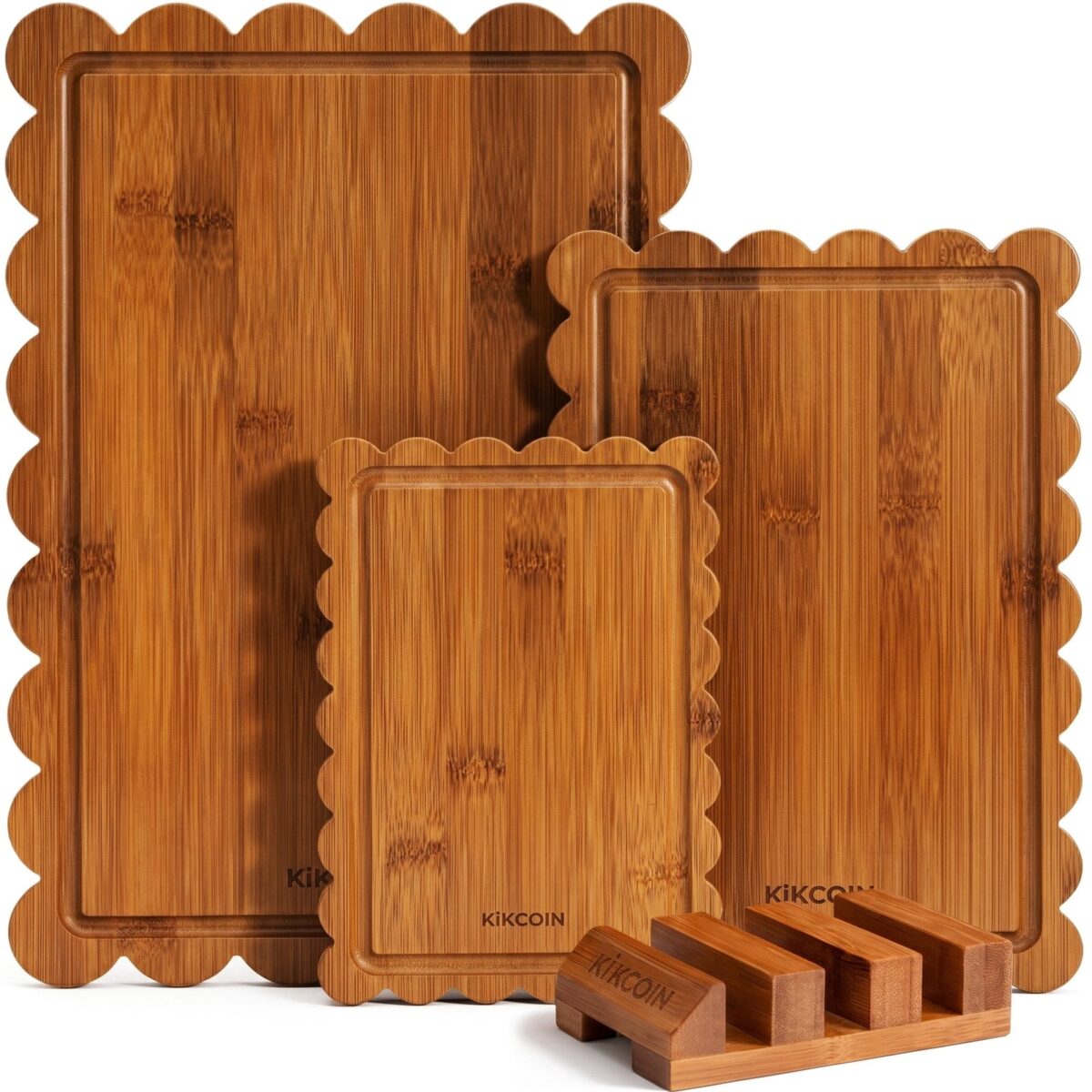 Kikcoin 4-Piece Bamboo Cutting Board Set with Storage Stand