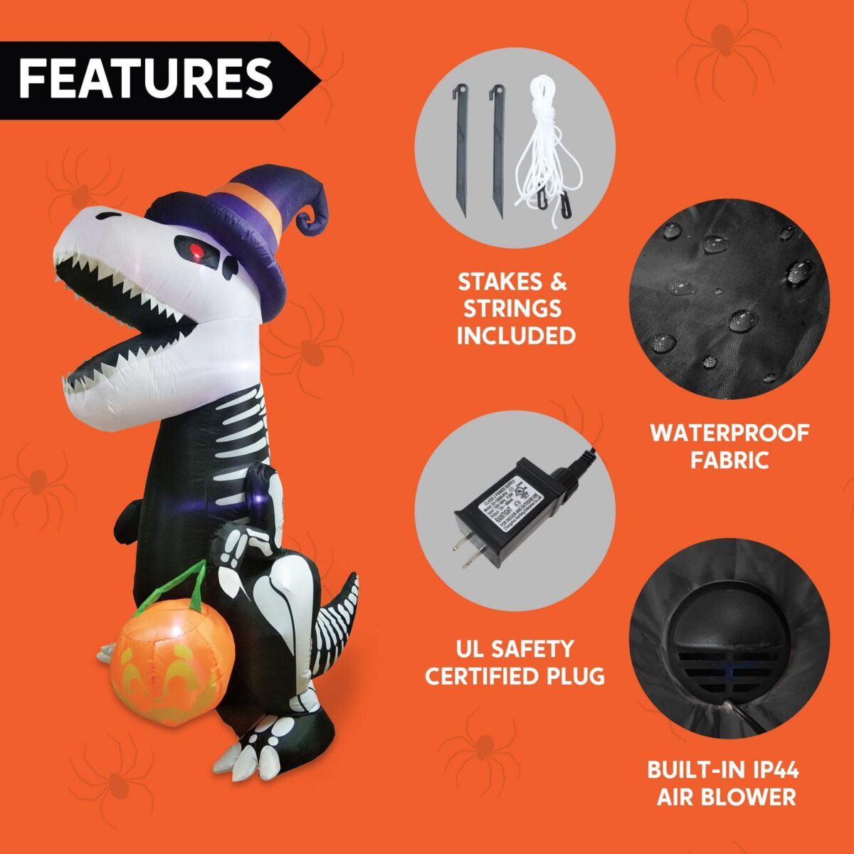 Joyfy 8 FT Halloween Inflatable Skeleton Dinosaur with Build-in LEDs Pumpkin Decorations