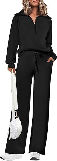 PRETTYGARDEN Women's 2 Piece Outfits Casual Lapel Half Zip Sweatshirts And Wide Leg Pants