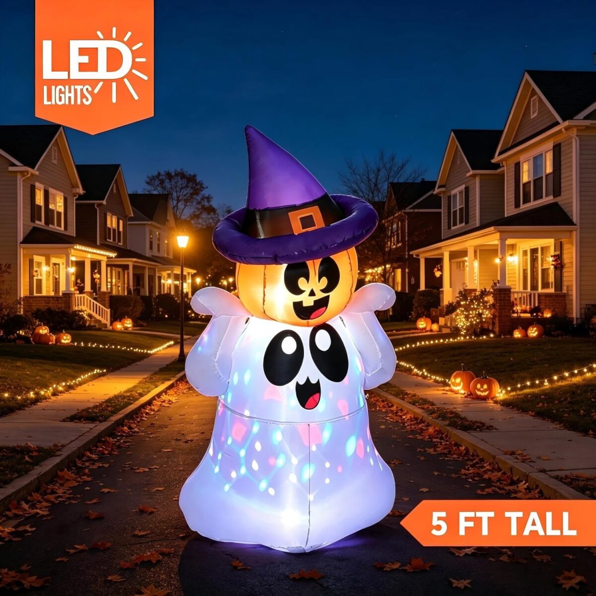 Joyfy 5Ft Halloween Inflatable Pumpkin Ghost with Colorful LED Lights