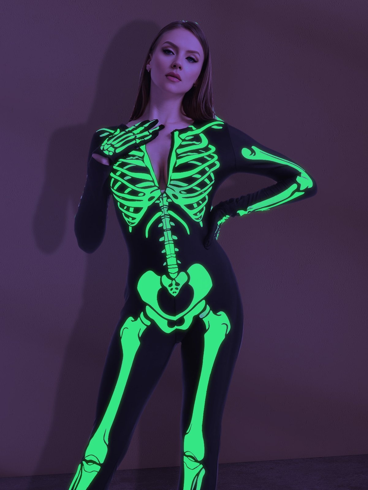 Joyfy Glow in the Dark Skeleton Costume for Adults Women Halloween Dress Up Party Role Playing