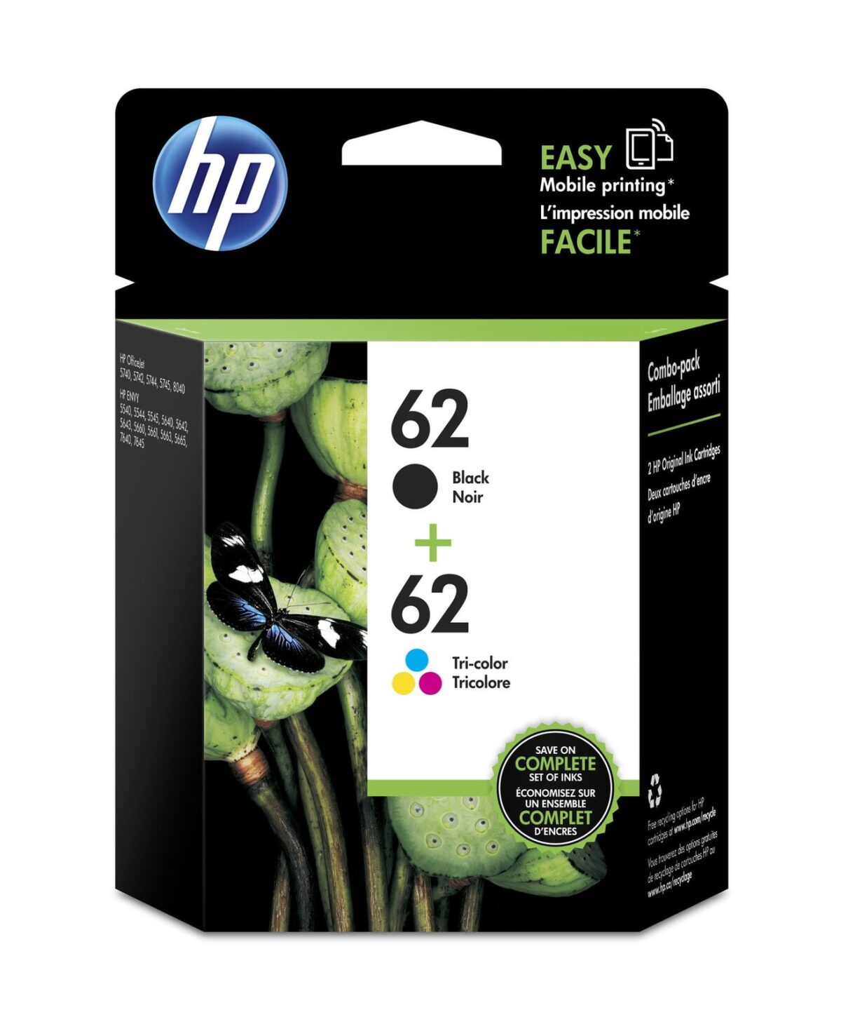 HP 62 Black And Tri-Color Ink Cartridges, Pack Of 2, N9H64FN