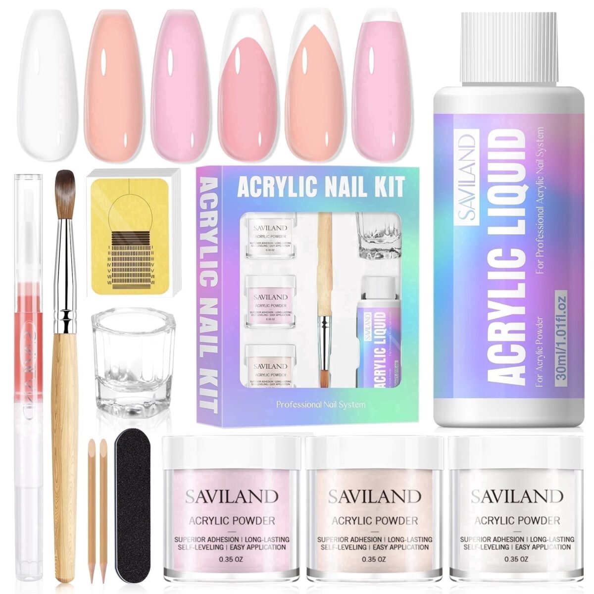 SAVILAND Acrylic Nail Kit - 3 Colors Clear/Pink/Nudes Acrylic Powder and Liquid Set with