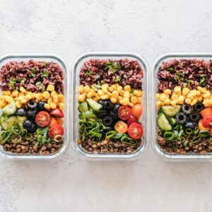 Glass meal prep containers with healthy meals